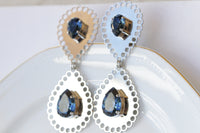 Navy Blue BRIDAL EARRINGS, Dark Blue Wedding Evening  Earrings, Teardrop Formal Earrings, Silver Blue Extra Large Long Statement Earrings