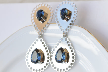 Navy Blue BRIDAL EARRINGS, Dark Blue Wedding Evening  Earrings, Teardrop Formal Earrings, Silver Blue Extra Large Long Statement Earrings