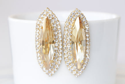 CHAMPAGNE EARRINGS, Gold Stud Earrings, Bridal Large Gold Topaz Earrings, Vintage Woman Earrings, Elegant Earrings,  Yellow Gold Earrings