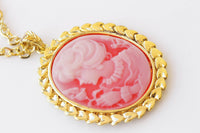 CAMEO NECKLACE, Red Gold Cameo Pendant Necklace, Vintage Cameo Necklace, Lady Cameo Large Necklace, Long Cameo Necklace, Victorian Style