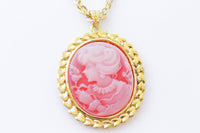 CAMEO NECKLACE, Red Gold Cameo Pendant Necklace, Vintage Cameo Necklace, Lady Cameo Large Necklace, Long Cameo Necklace, Victorian Style