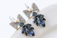 NAVY BLUE EARRINGS, Dark Blue Topaz Wedding Earrings, Bow Drop Earrings, Custom Earrings, Estate Brides Earrings, Leverback Earrings Gift