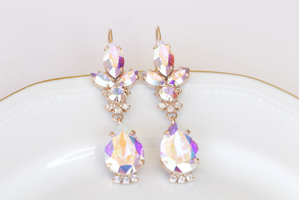 AB CRYSTAL BRIDAL Earrings, Aurora Borealis Statement Earrings,  Drop And Dangle earrings, Vintage Earrings For The Brides, Long Earrings