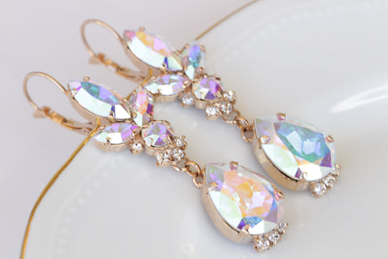 AB CRYSTAL BRIDAL Earrings, Aurora Borealis Statement Earrings,  Drop And Dangle earrings, Vintage Earrings For The Brides, Long Earrings