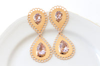 Rose Gold BRIDAL EARRINGS, Blush Pink Wedding Earrings, Morganite Crystal Earrings, Extra Large Statement Earrings, Mother Of The bride gift