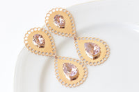 Rose Gold BRIDAL EARRINGS, Blush Pink Wedding Earrings, Morganite Crystal Earrings, Extra Large Statement Earrings, Mother Of The bride gift