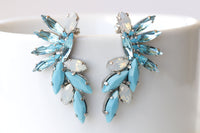 TURQUOISE OPAL EARRINGS, Vintage Stud earrings, Aquamarine Crystal Wedding jewelry, White Opal and Blue Earrings, Cluster Bridal Earrings