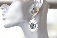 Navy Blue BRIDAL EARRINGS, Dark Blue Wedding Evening  Earrings, Teardrop Formal Earrings, Silver Blue Extra Large Long Statement Earrings