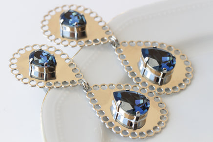 Navy Blue BRIDAL EARRINGS, Dark Blue Wedding Evening  Earrings, Teardrop Formal Earrings, Silver Blue Extra Large Long Statement Earrings