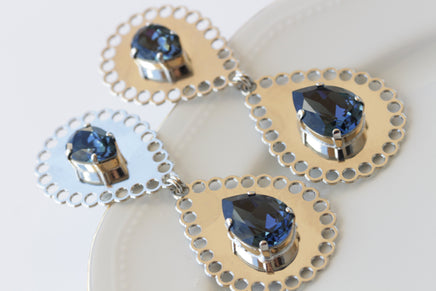 Navy Blue BRIDAL EARRINGS, Dark Blue Wedding Evening  Earrings, Teardrop Formal Earrings, Silver Blue Extra Large Long Statement Earrings