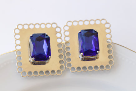 ROYAL BLUE EARRINGS, Large Dark Blue Evening Earrings, Clip On Formal Earrings, Silver Big Statement Earrings,Elegant Blue Sapphire Earrings