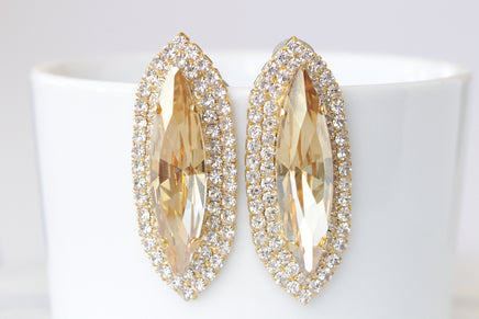 CHAMPAGNE EARRINGS, Gold Stud Earrings, Bridal Large Gold Topaz Earrings, Vintage Woman Earrings, Elegant Earrings,  Yellow Gold Earrings