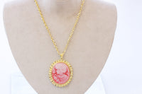 CAMEO NECKLACE, Red Gold Cameo Pendant Necklace, Vintage Cameo Necklace, Lady Cameo Large Necklace, Long Cameo Necklace, Victorian Style