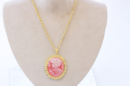 CAMEO NECKLACE, Red Gold Cameo Pendant Necklace, Vintage Cameo Necklace, Lady Cameo Large Necklace, Long Cameo Necklace, Victorian Style