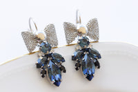 NAVY BLUE EARRINGS, Dark Blue Topaz Wedding Earrings, Bow Drop Earrings, Custom Earrings, Estate Brides Earrings, Leverback Earrings Gift