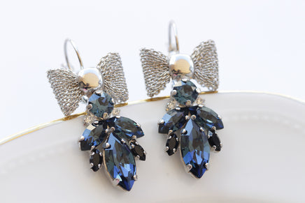 NAVY BLUE EARRINGS, Dark Blue Topaz Wedding Earrings, Bow Drop Earrings, Custom Earrings, Estate Brides Earrings, Leverback Earrings Gift