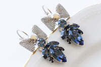 NAVY BLUE EARRINGS, Dark Blue Topaz Wedding Earrings, Bow Drop Earrings, Custom Earrings, Estate Brides Earrings, Leverback Earrings Gift