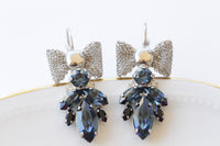 NAVY BLUE EARRINGS, Dark Blue Topaz Wedding Earrings, Bow Drop Earrings, Custom Earrings, Estate Brides Earrings, Leverback Earrings Gift
