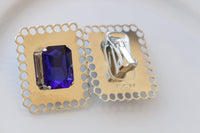 ROYAL BLUE EARRINGS, Large Dark Blue Evening Earrings, Clip On Formal Earrings, Silver Big Statement Earrings,Elegant Blue Sapphire Earrings