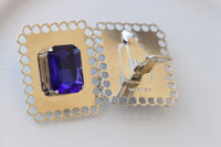 ROYAL BLUE EARRINGS, Large Dark Blue Evening Earrings, Clip On Formal Earrings, Silver Big Statement Earrings,Elegant Blue Sapphire Earrings