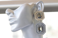 GRAY LARGE EARRINGS, Dark Grey Evening Earrings, Geometric Formal Jewelry, Antique Silver Statement Earrings, Clip On. Big Cocktail Earrings