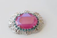 FUCHSIA TURQUOISE BROOCH, Oval Brooch, Statement Brooch, Ooak Brooch, Art Deco Brooch, Vintage Pink And Blue Brooch, Ethnic Jewelry,Handmade