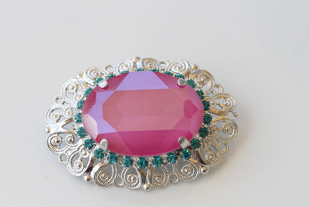 FUCHSIA TURQUOISE BROOCH, Oval Brooch, Statement Brooch, Ooak Brooch, Art Deco Brooch, Vintage Pink And Blue Brooch, Ethnic Jewelry,Handmade