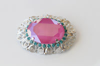 FUCHSIA TURQUOISE BROOCH, Oval Brooch, Statement Brooch, Ooak Brooch, Art Deco Brooch, Vintage Pink And Blue Brooch, Ethnic Jewelry,Handmade