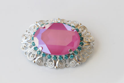 FUCHSIA TURQUOISE BROOCH, Oval Brooch, Statement Brooch, Ooak Brooch, Art Deco Brooch, Vintage Pink And Blue Brooch, Ethnic Jewelry,Handmade