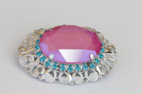 FUCHSIA TURQUOISE BROOCH, Oval Brooch, Statement Brooch, Ooak Brooch, Art Deco Brooch, Vintage Pink And Blue Brooch, Ethnic Jewelry,Handmade