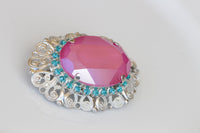 FUCHSIA TURQUOISE BROOCH, Oval Brooch, Statement Brooch, Ooak Brooch, Art Deco Brooch, Vintage Pink And Blue Brooch, Ethnic Jewelry,Handmade
