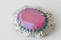 FUCHSIA TURQUOISE BROOCH, Oval Brooch, Statement Brooch, Ooak Brooch, Art Deco Brooch, Vintage Pink And Blue Brooch, Ethnic Jewelry,Handmade