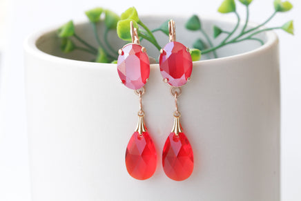 RED DROP EARRINGS, Dangle Earrings, Crystals Chandelier Earrings, Bridal Teardrop Earring, Red Coral Rose Gold Earrings,Wedding Long Earring
