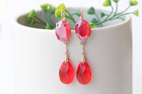 RED DROP EARRINGS, Dangle Earrings, Crystals Chandelier Earrings, Bridal Teardrop Earring, Red Coral Rose Gold Earrings,Wedding Long Earring