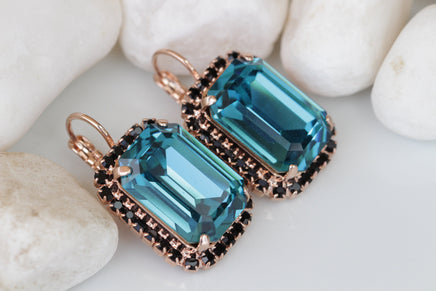 BLUE BLACK EARRINGS, Teal Blue Bridal Earrings, Geometric Earrings, Custom Earrings, Evening Elegant Clip on Earrings,Drop or Post Earrings