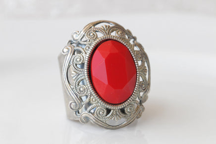 RED STONE RING, Crystal Coral Gold Ring, Filigree Big Ring, Estate jewelry gift for Woman, Statement Chunky Ring, Cocktail Adjustable Ring