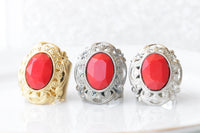 RED STONE RING, Crystal Coral Gold Ring, Filigree Big Ring, Estate jewelry gift for Woman, Statement Chunky Ring, Cocktail Adjustable Ring