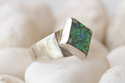 GREEN BLUE OPAL Ring, Unique Pinky Ring, Square Ring, Gift For Her, Silver Sterling Ring, Fire Opal Ring, Ring For Men, Unisex Opal Ring
