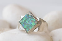 GREEN BLUE OPAL Ring, Unique Pinky Ring, Square Ring, Gift For Her, Silver Sterling Ring, Fire Opal Ring, Ring For Men, Unisex Opal Ring