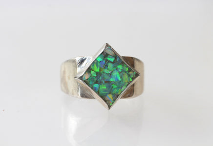 GREEN BLUE OPAL Ring, Unique Pinky Ring, Square Ring, Gift For Her, Silver Sterling Ring, Fire Opal Ring, Ring For Men, Unisex Opal Ring