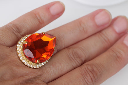 ORANGE TEARDROP RING, Hot Orange Gold Rings, Large Ring, Cocktail Evening Ring, Classic Summer Jewelry, Mother Of The Bride Jewelry Gift