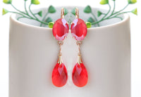 RED DROP EARRINGS, Dangle Earrings, Crystals Chandelier Earrings, Bridal Teardrop Earring, Red Coral Rose Gold Earrings,Wedding Long Earring