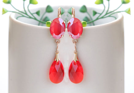 RED DROP EARRINGS, Dangle Earrings, Crystals Chandelier Earrings, Bridal Teardrop Earring, Red Coral Rose Gold Earrings,Wedding Long Earring