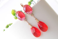 RED DROP EARRINGS, Dangle Earrings, Crystals Chandelier Earrings, Bridal Teardrop Earring, Red Coral Rose Gold Earrings,Wedding Long Earring