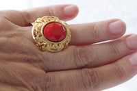 RED STONE RING, Crystal Coral Gold Ring, Filigree Big Ring, Estate jewelry gift for Woman, Statement Chunky Ring, Cocktail Adjustable Ring