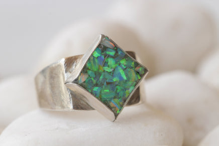 GREEN BLUE OPAL Ring, Unique Pinky Ring, Square Ring, Gift For Her, Silver Sterling Ring, Fire Opal Ring, Ring For Men, Unisex Opal Ring