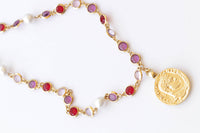 COIN NECKLACE, Woman Necklace, Colorful Red Purple Pink And Pearls Necklace, Gold Coin Pendant, Statement Multicolor Necklace, Medallion