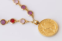 COIN NECKLACE, Woman Necklace, Colorful Red Purple Pink And Pearls Necklace, Gold Coin Pendant, Statement Multicolor Necklace, Medallion