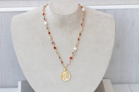 COIN NECKLACE, Woman Necklace, Colorful Red Purple Pink And Pearls Necklace, Gold Coin Pendant, Statement Multicolor Necklace, Medallion