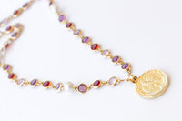 COIN NECKLACE, Woman Necklace, Colorful Red Purple Pink And Pearls Necklace, Gold Coin Pendant, Statement Multicolor Necklace, Medallion
